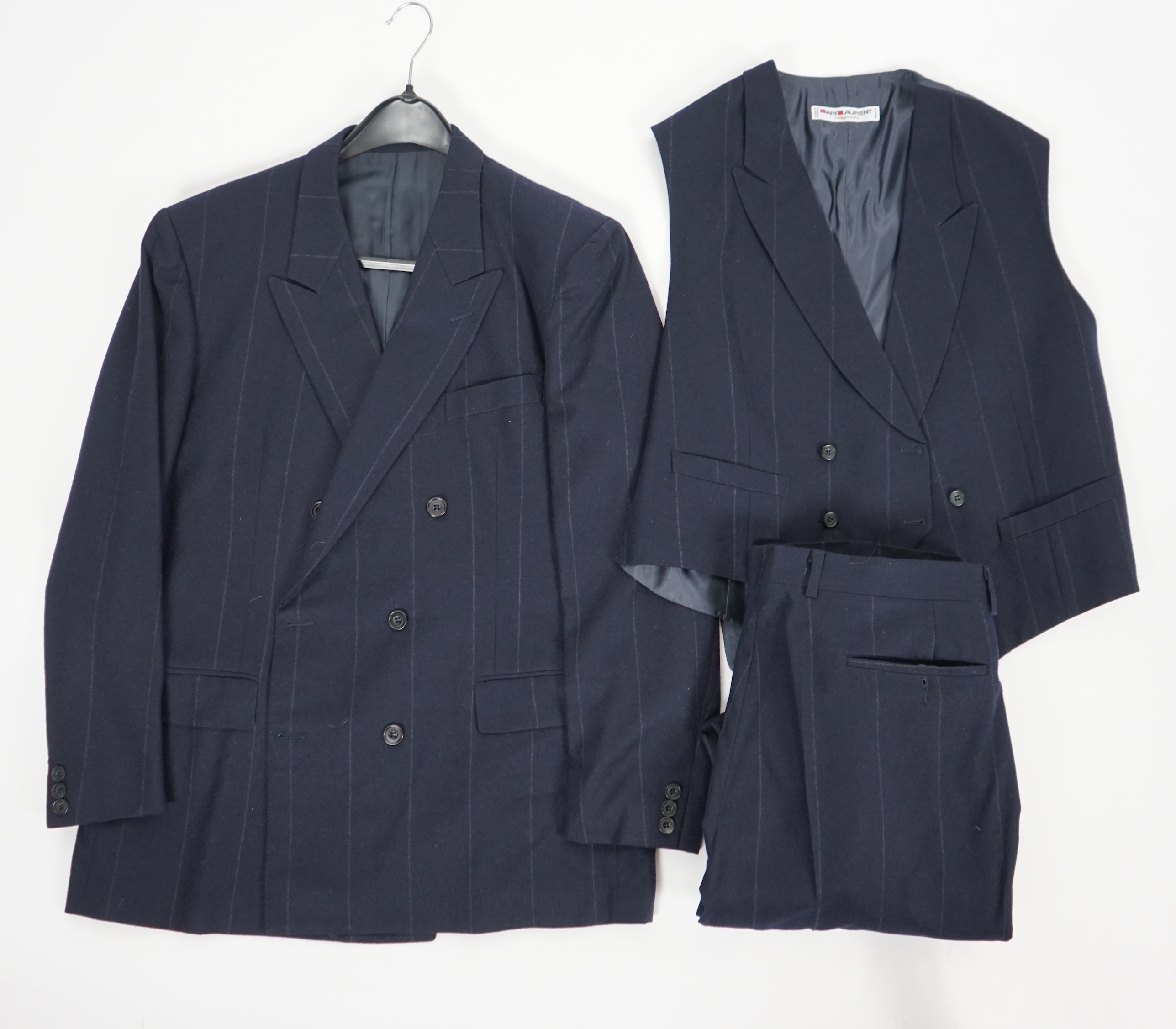 A Saint Laurent rive gauche gentlemen's navy chalk stripe three-piece double breasted wool suit, jacket 42